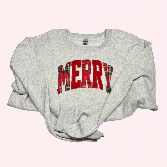 MERRY Plaid Christmas Applique Embroidered Sweatshirt