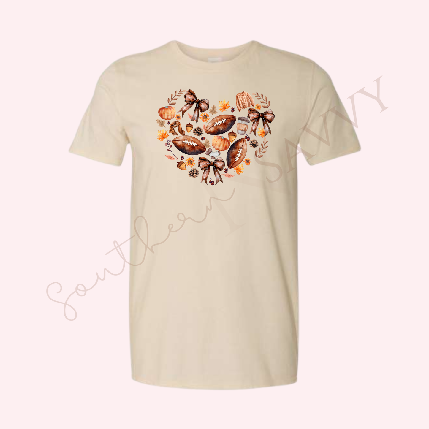 Heart Bows & Footballs | Sand Color Thanksgiving T-Shirt