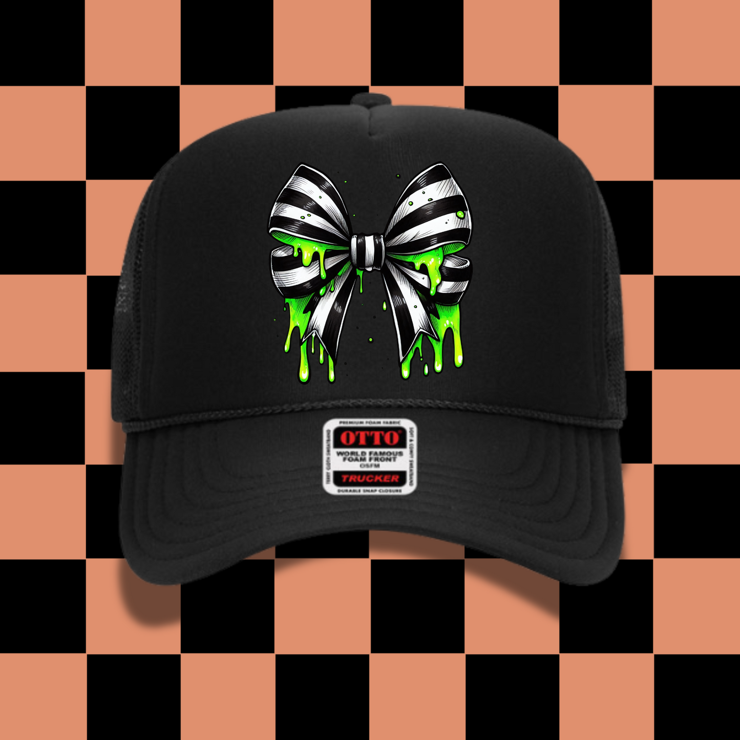 Spooky Halloween Bow Black Trucker Hat