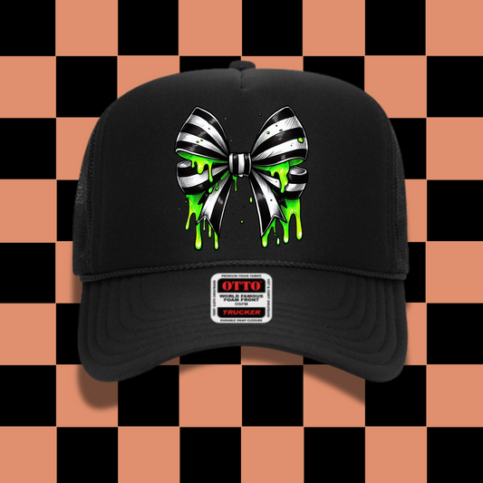Spooky Halloween Bow Black Trucker Hat