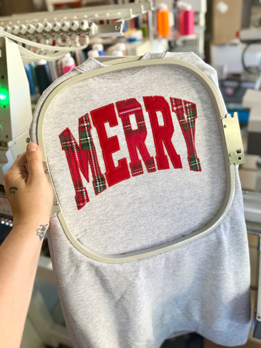 MERRY Plaid Christmas Applique Embroidered Sweatshirt