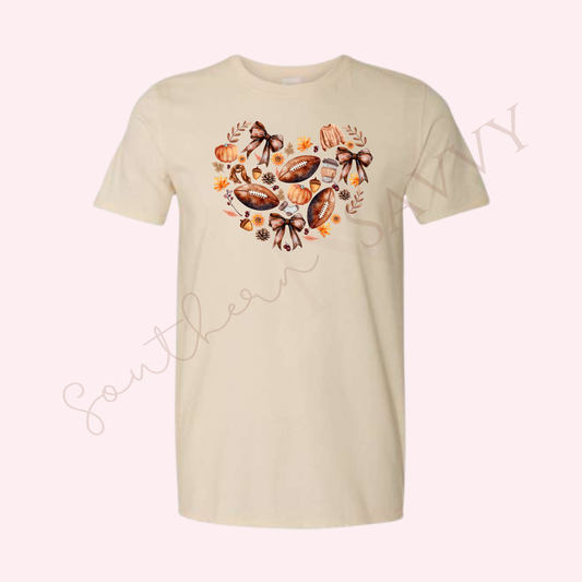Heart Bows & Footballs | Sand Color Thanksgiving T-Shirt