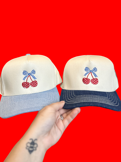 Red White Blue CHERRIES Embroidered Hat