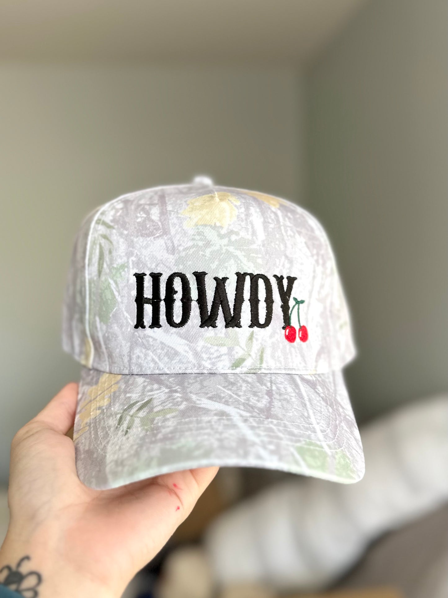 Howdy Cherry White Camo Embroidered Canvas Hat