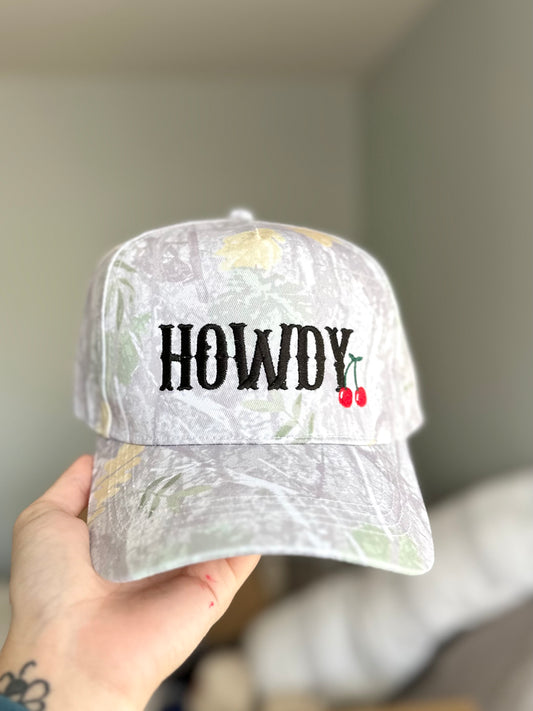 Howdy Cherry White Camo Embroidered Canvas Hat