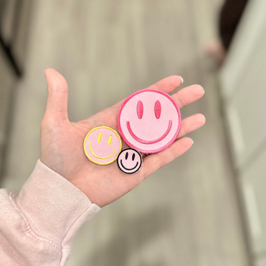 Smiley Face Pink Iron On Patch for Trucker Hat, Jacket, Clothing or Bag | Handmade in Texas | Custom Embroidery | Personal Patches